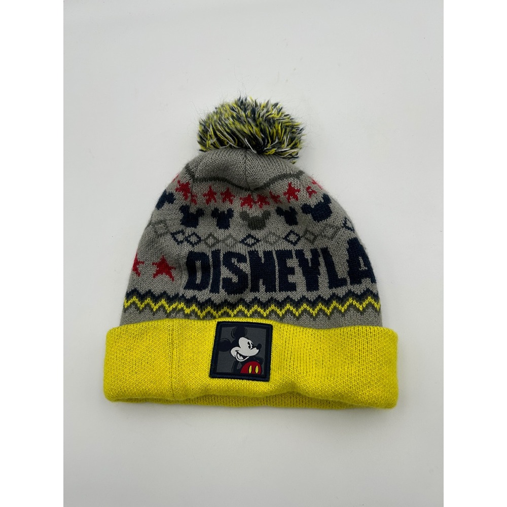 Disney Parks Disneyland Mickey Mouse Fair Isle Knit Pom Beanie Hat Yellow Gray